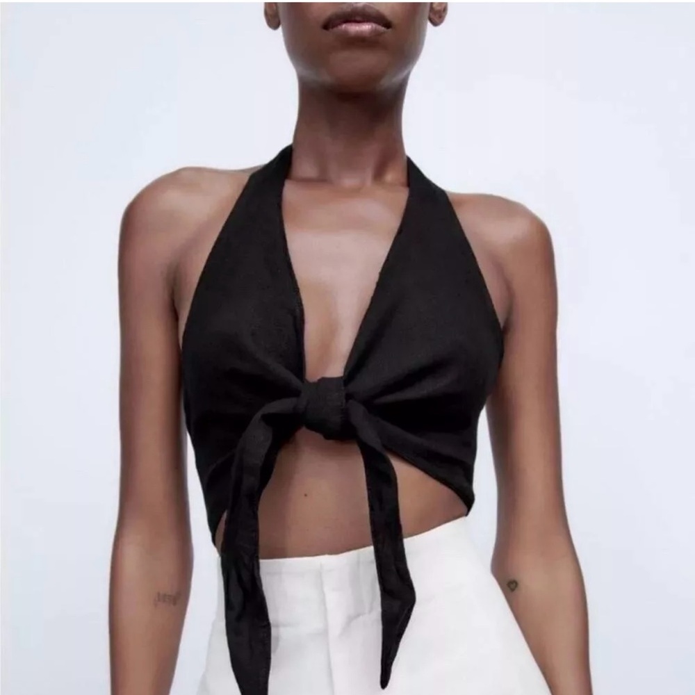 NWT Zara Tie Front Halter Top.  Black Linen Like. Size M